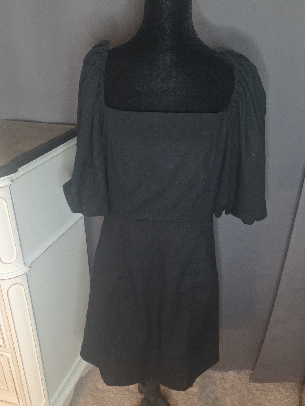 Classic Black Puff-Sleeve Square-Neck Dress
